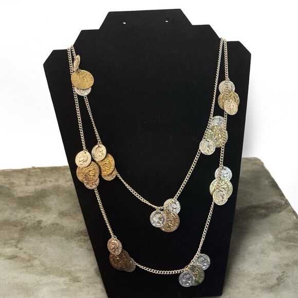 Unbranded Jewelry - Long Gold and Silver Tone Coin Charm Necklace with Mixed Metal - Boho Statement